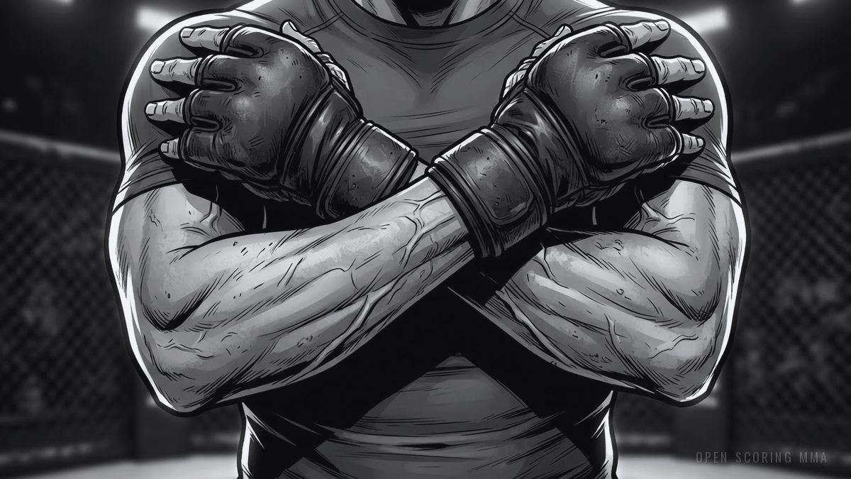 Illustration: a fighter stands with arms crossed, looking away from the camera.