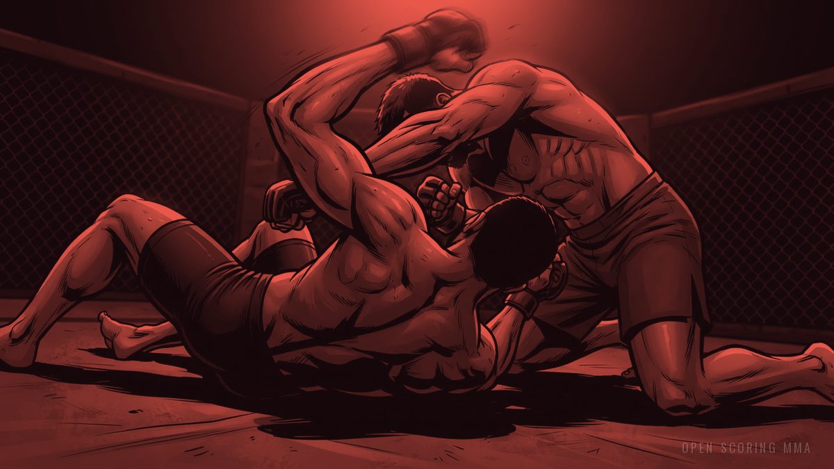 Illustration: a fighter grimacing, throwing a punch while on the ground
