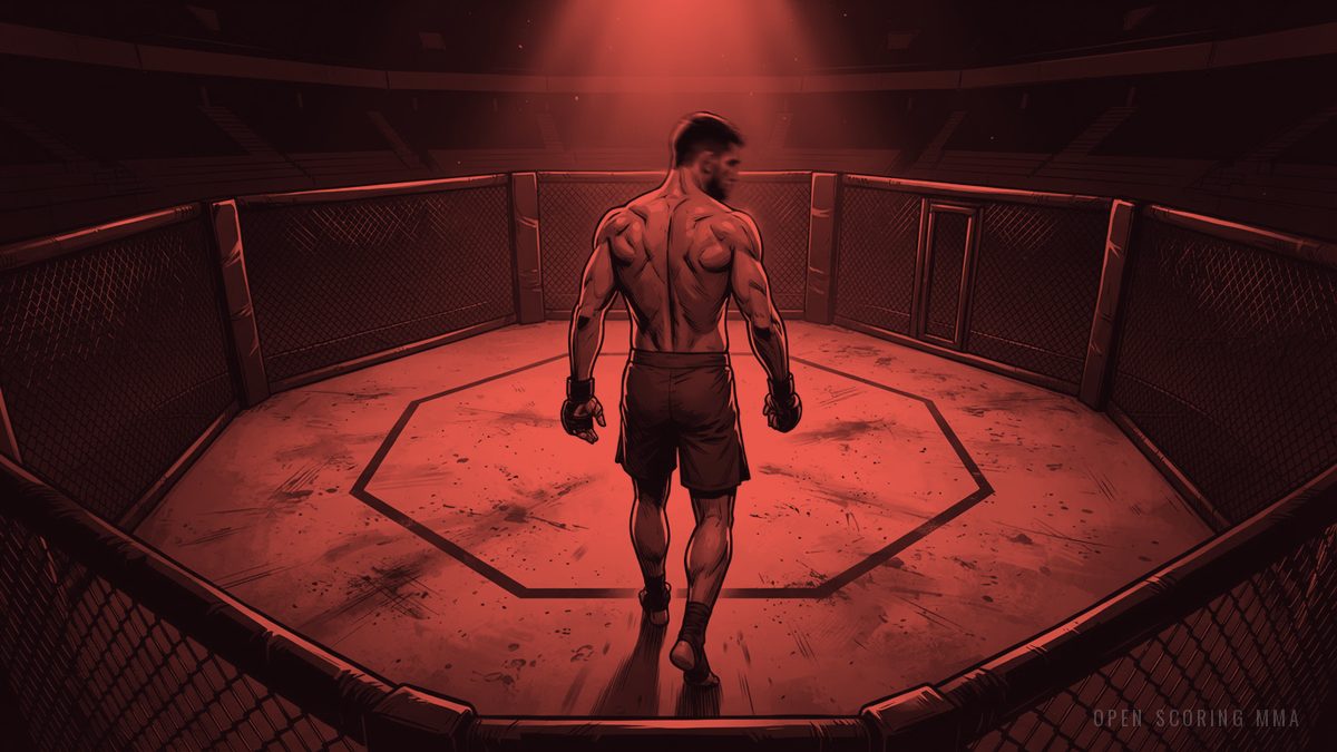 Illustration: a fighter walking away from an empty octagon, spotlights on canvas