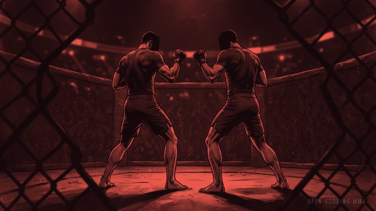 Illustration: two fighters in a tense face-off, arms slightly raised