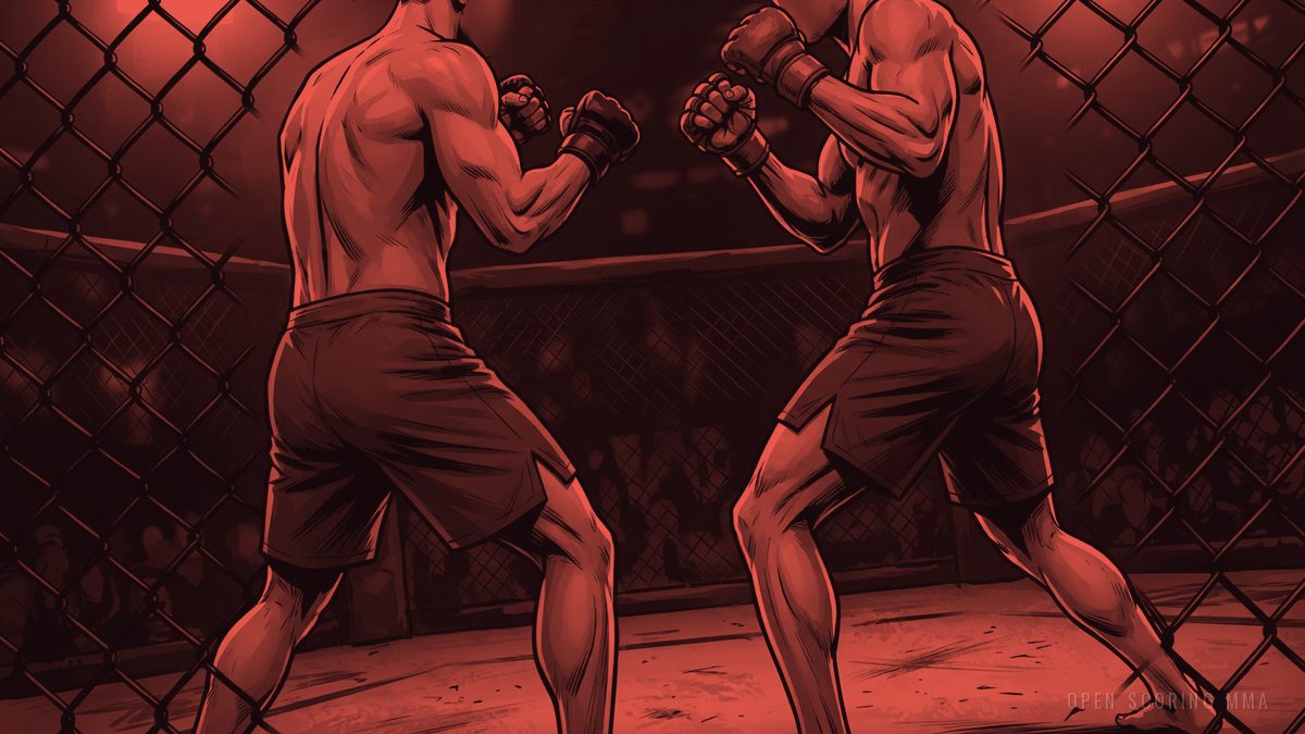 Illustration: two fighters in a tense face-off, one leaning forward