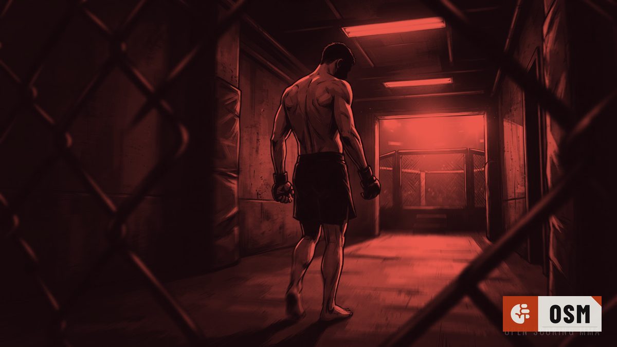 Illustration: a fighter stands alone in a dimly lit hallway.