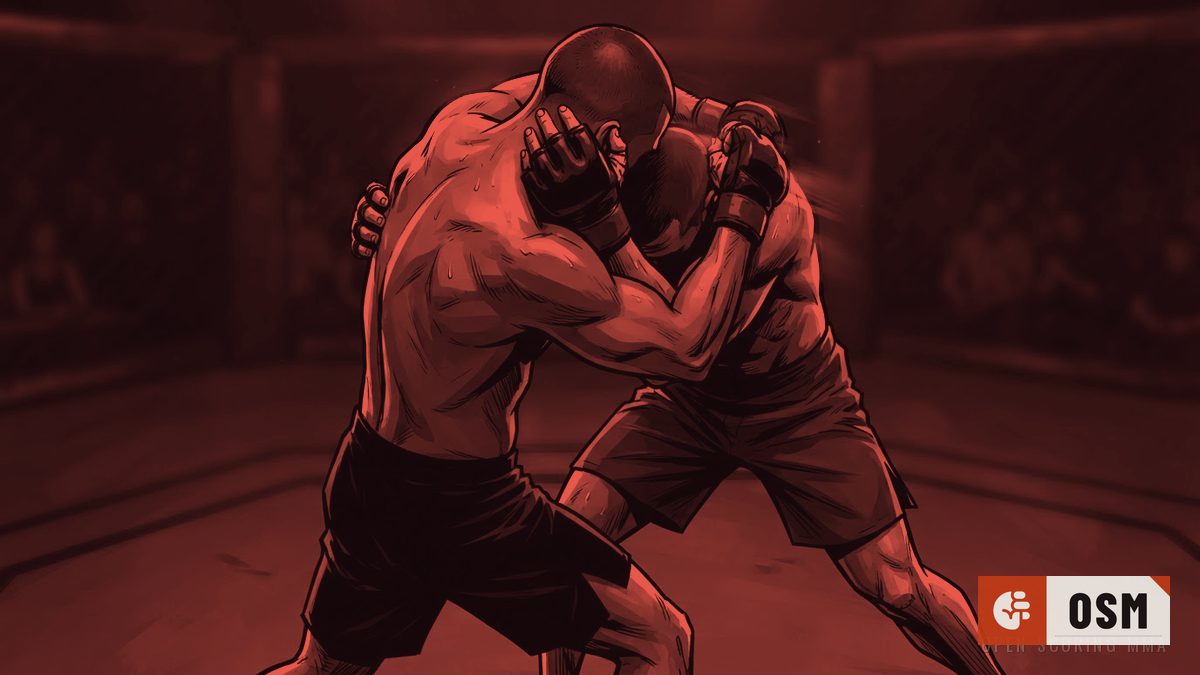 Illustration: two fighters grappling fiercely in the center of an empty canvas