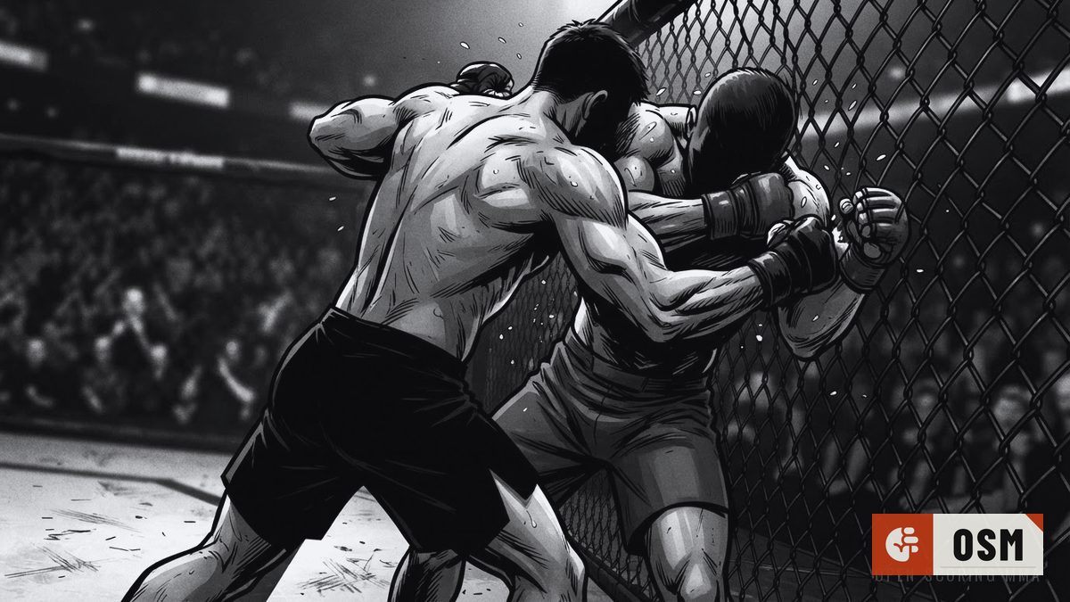 Illustration: two fighters grappling intensely against the cage wall