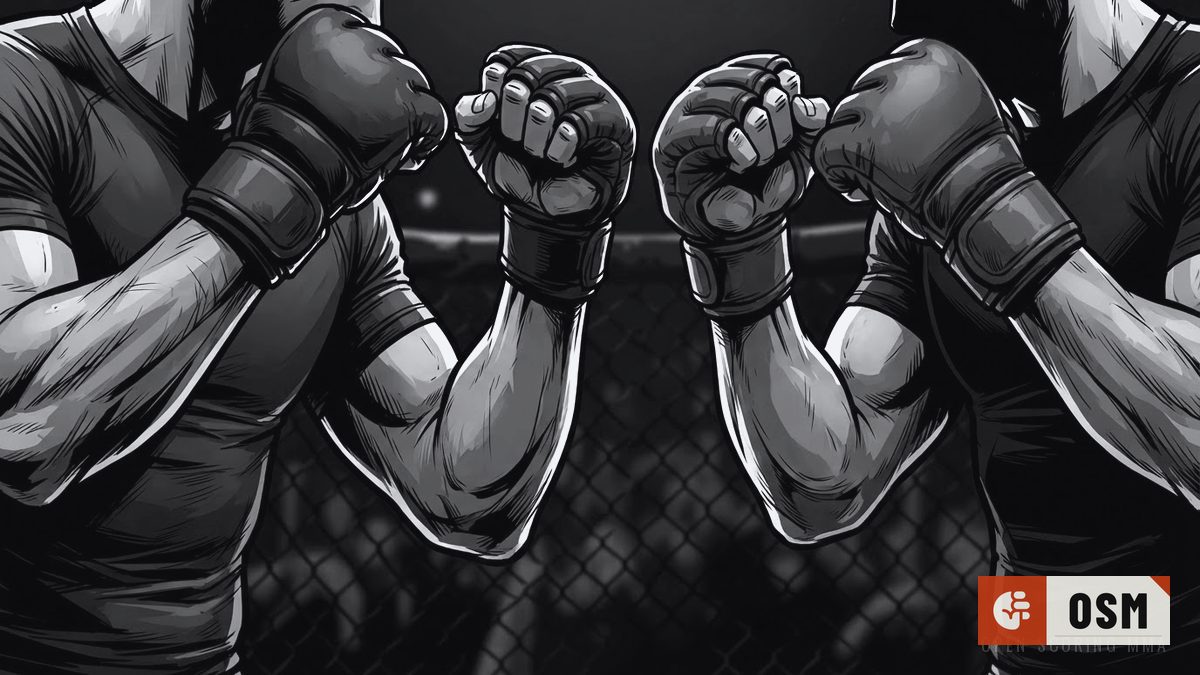 Illustration: two fighters in a tense face-off, hands raised