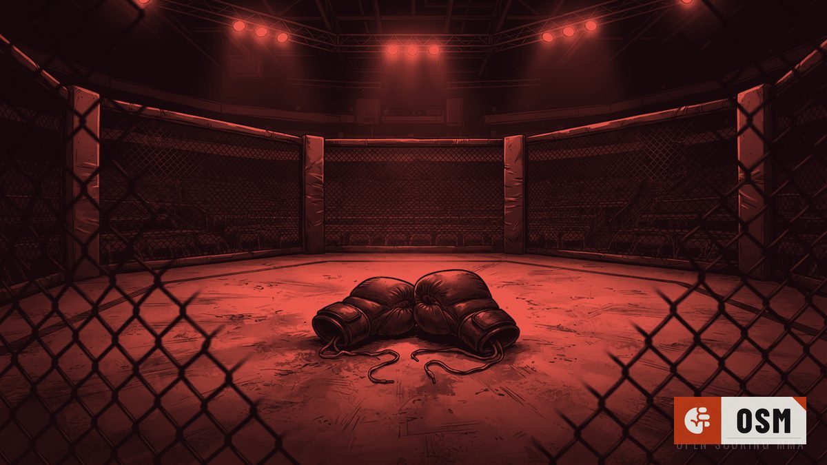 Illustration: an empty cage under arena lights, a pair of plain gloves resting on the canvas, no people anywhere in the frame