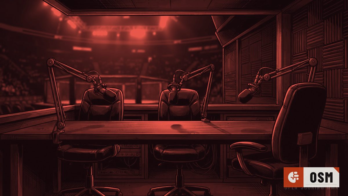 Illustration: an empty commentator booth with three microphones and chairs