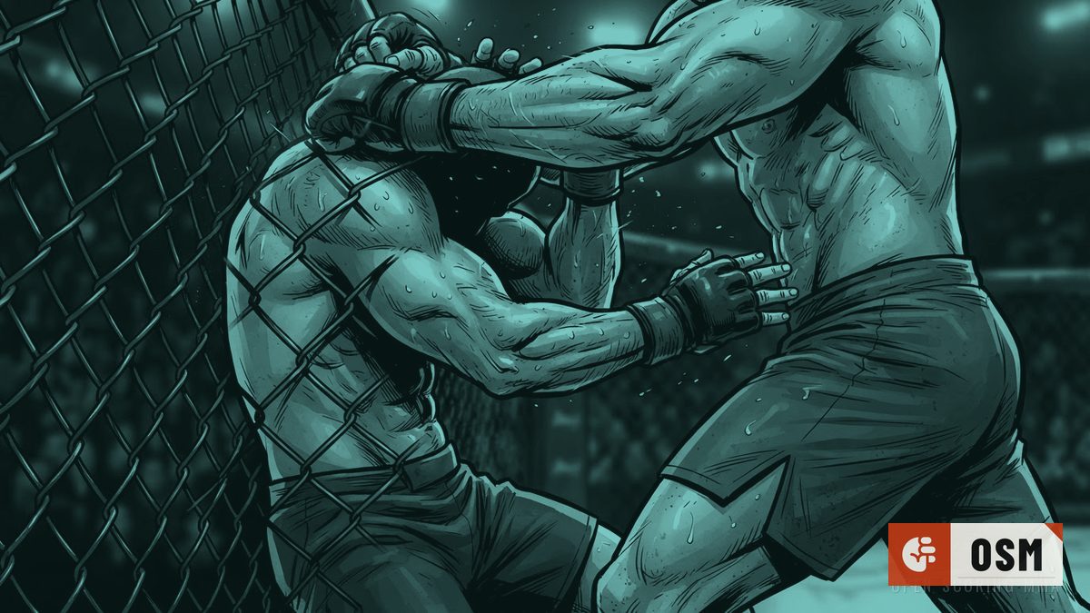 Illustration: two fighters in a clinch, one pressing the other against the cage