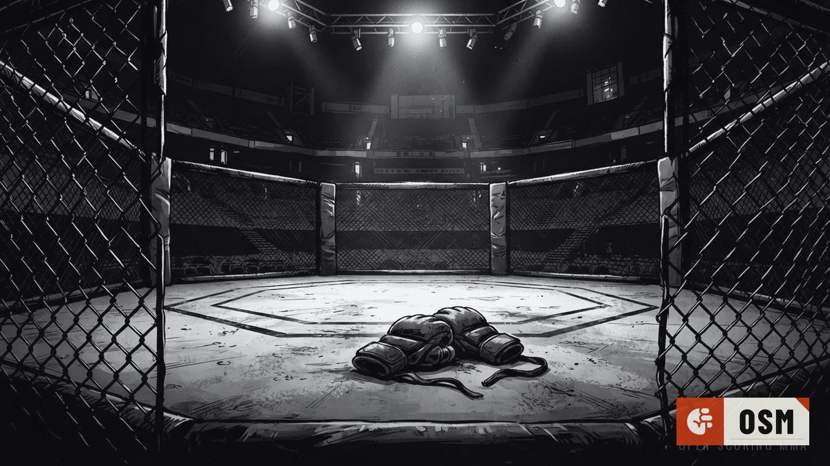 Illustration: an empty cage under arena lights, a pair of plain gloves resting on the canvas, no people anywhere in the frame